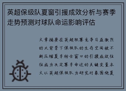 英超保级队夏窗引援成效分析与赛季走势预测对球队命运影响评估