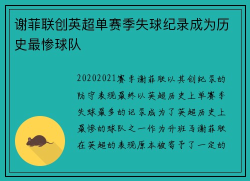 谢菲联创英超单赛季失球纪录成为历史最惨球队