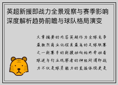 英超新援即战力全景观察与赛季影响深度解析趋势前瞻与球队格局演变