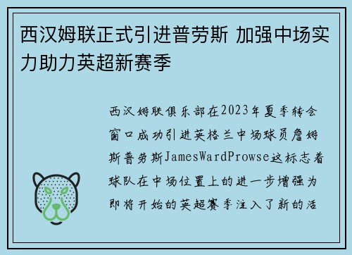 西汉姆联正式引进普劳斯 加强中场实力助力英超新赛季 西汉姆联正式引进普劳斯 加强中场实力助力英超新赛季